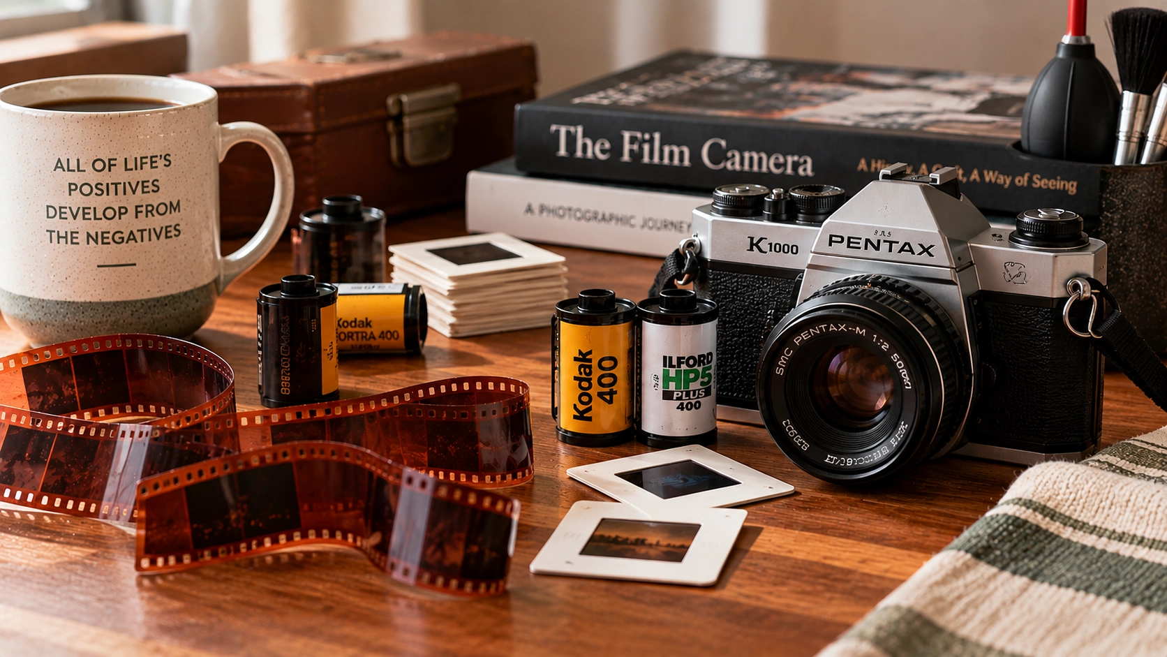 35mm film, negatives and vintage camera arranged on a wooden table