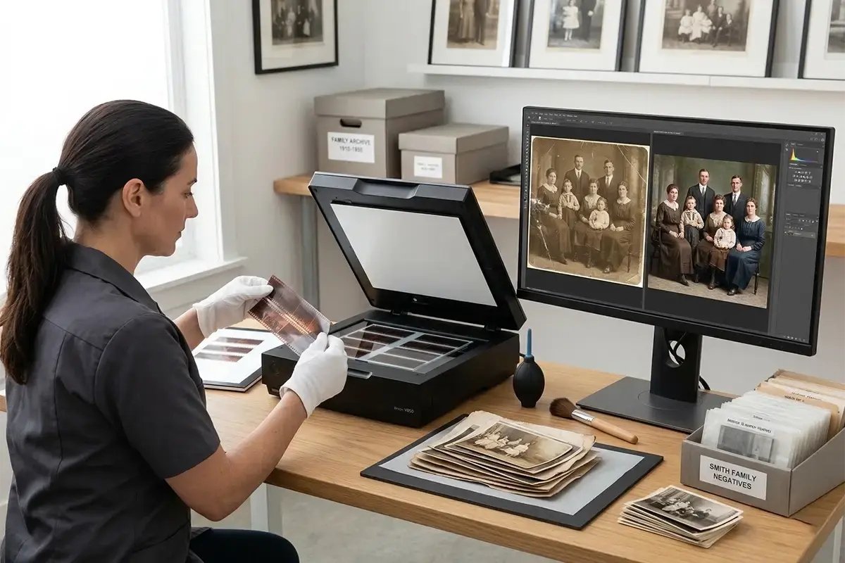 Old photographs film strips and a monitor displaying a restored image in a clean archival workspace