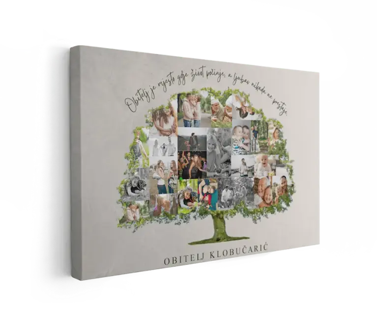 personalizirana slika na platnu u obliku obiteljskog stabla s kolažem fotografija i citatom o obitelji