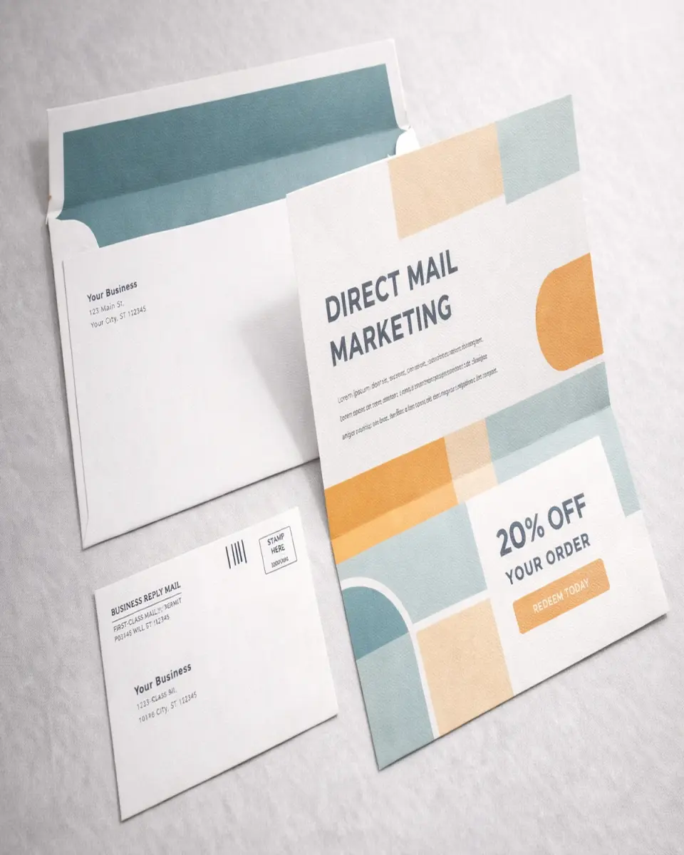 A set of branded postcards arranged neatly for direct mail marketing