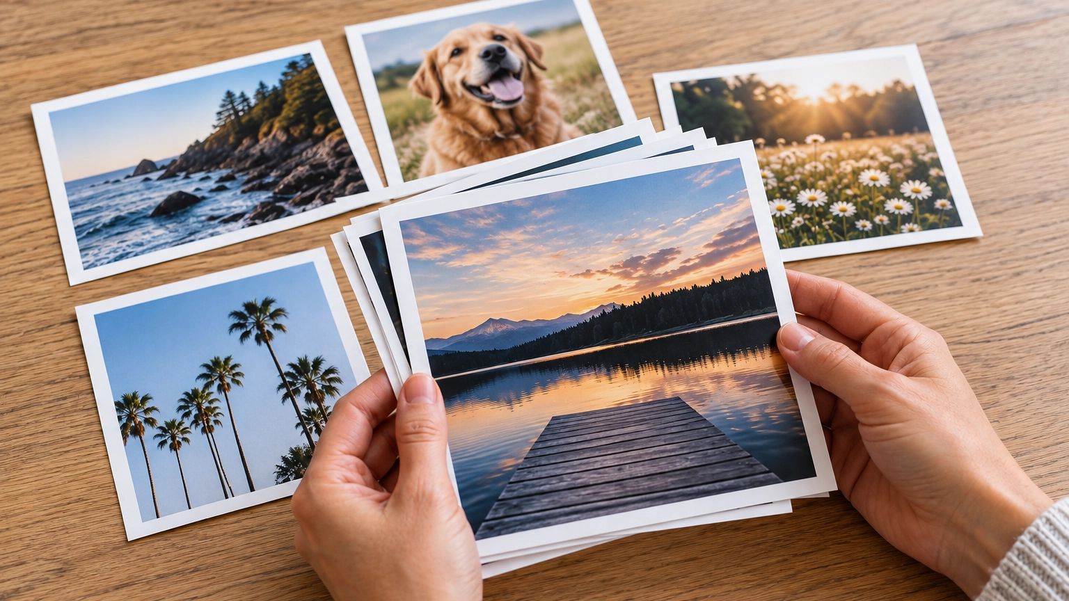Assorted printed photographs arranged on a warm wooden table