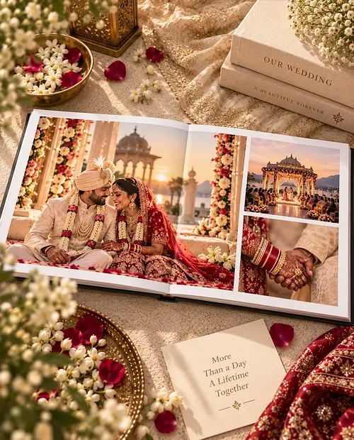 A wedding portrait printed across a Nostalo layflat spread