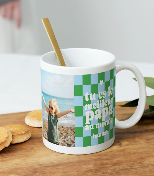 Mug personnalisé papa damier vert avec photo et message meilleur papa du monde