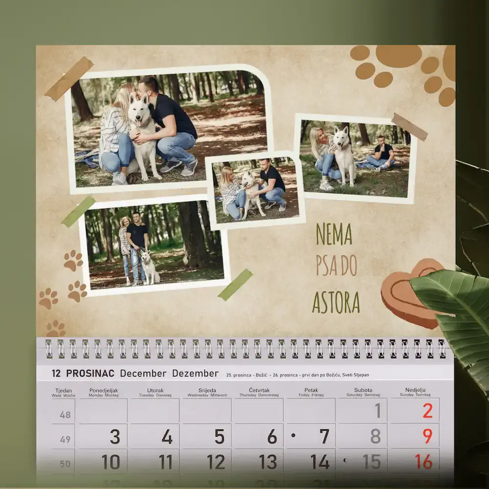 Personalizirani zidni kalendar s motivom psećih šapa, idealan za ljubitelje pasa i vlasnike kućnih ljubimaca