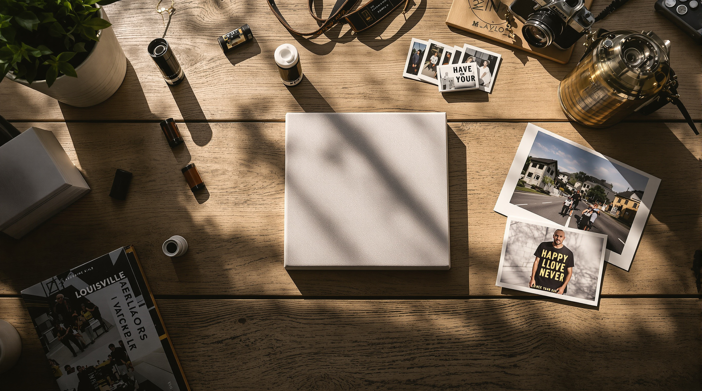 Film negatives, printed photos, canvas print, photo book, and vintage camera accessories on rustic wooden table