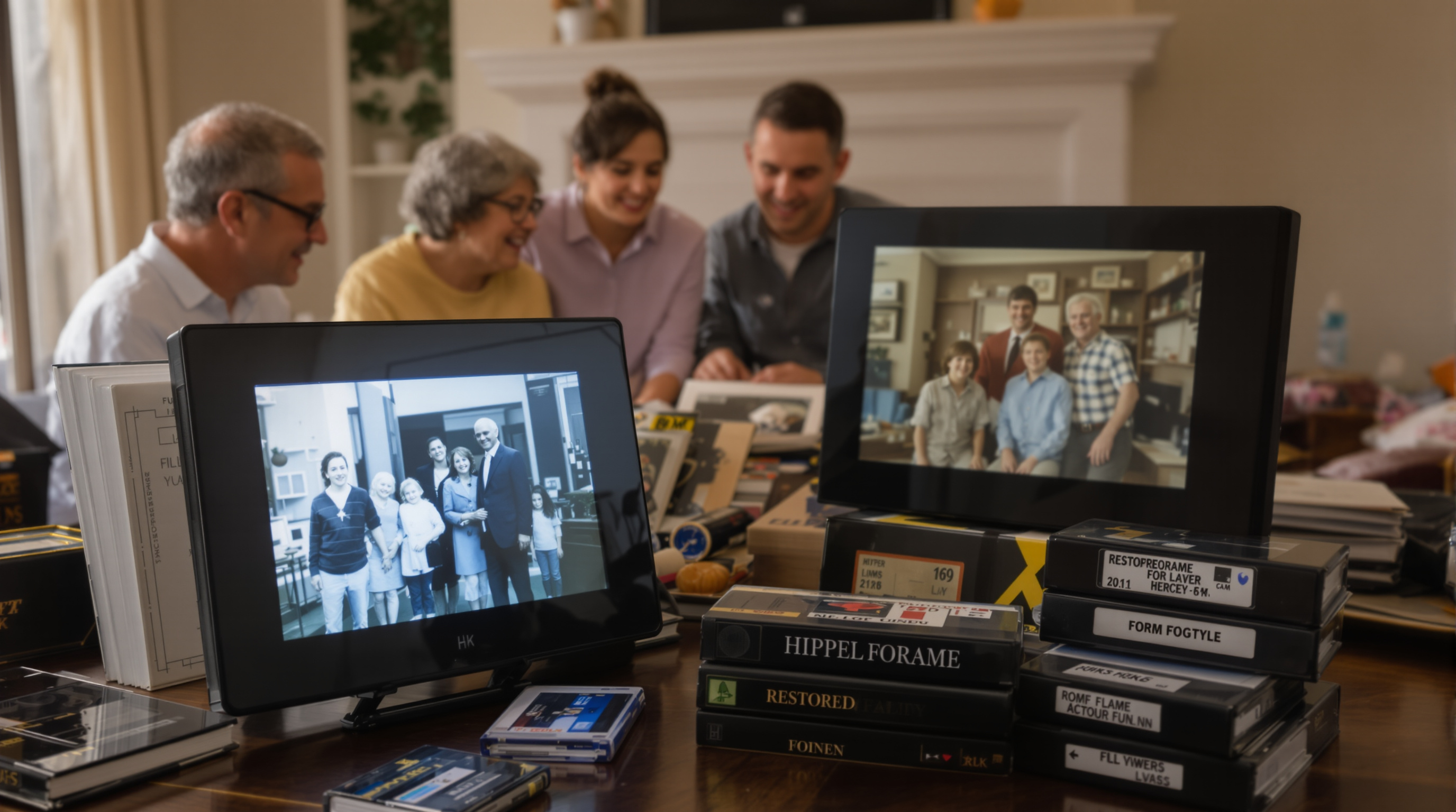 A warm, nostalgic image showing a multi-generational family gathered around a digital photo frame displaying a restored vintage family photograph, with old photo albums, film negatives, and VHS tapes carefully arranged nearby in a cozy living room setting.