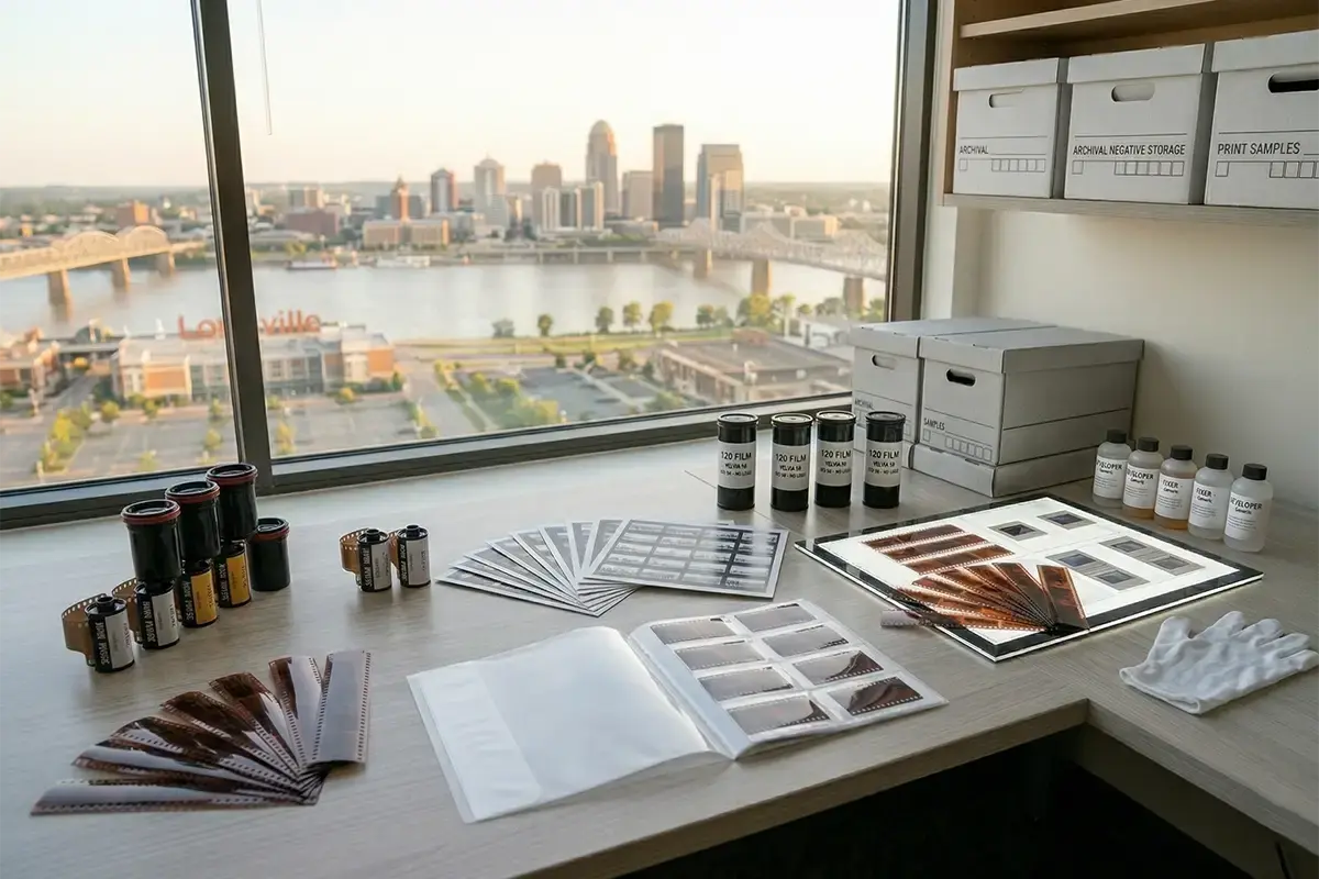Film developing counter with 35mm and 120 film canisters, negatives, archival sleeves, and a clean professional lab workspace