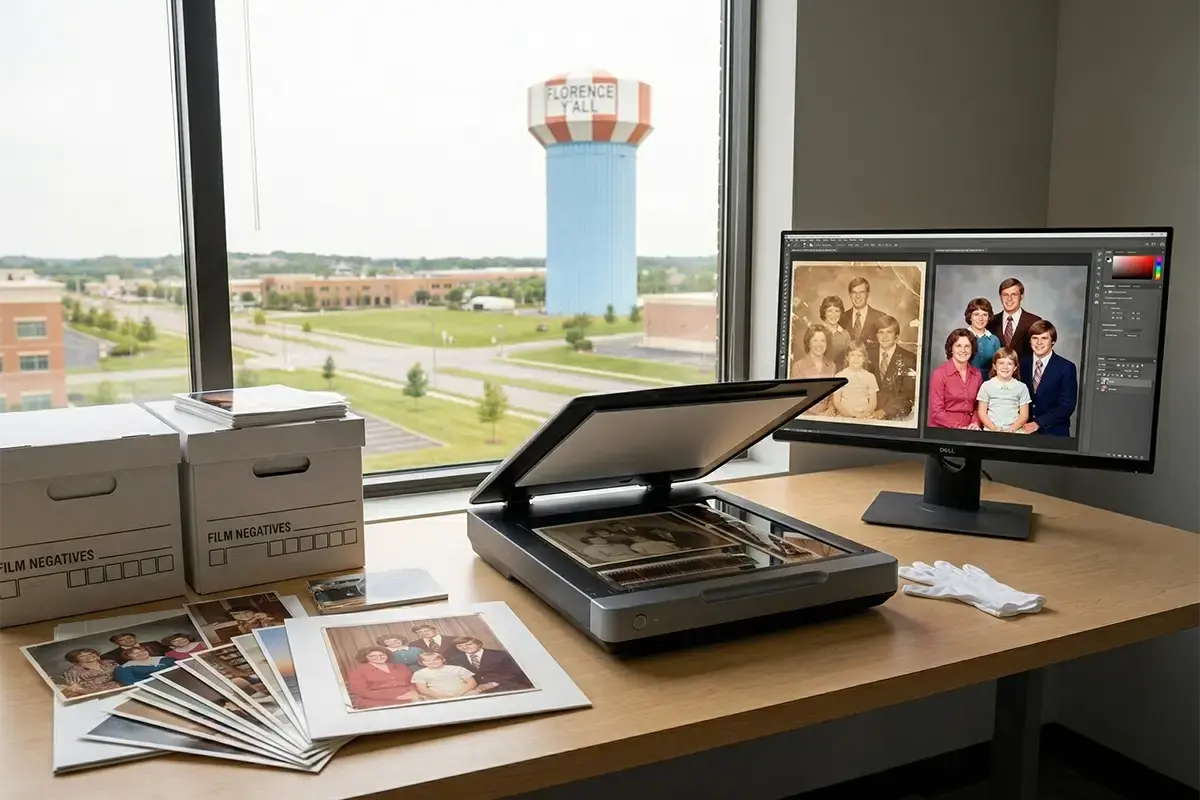 Old photographs, film strips, and a monitor displaying a restored image in a clean archival workspace