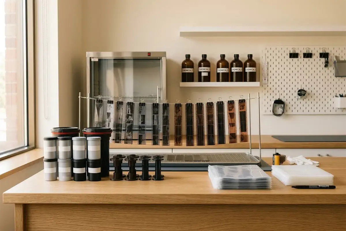 Film developing counter with 35mm and 120 film canisters, negatives, archival sleeves, and a clean professional lab workspace