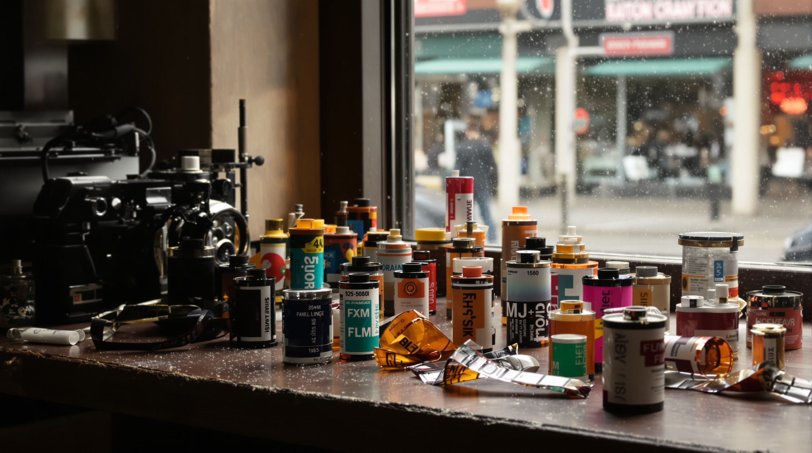 Atmospheric photographic still life featuring vintage 35mm film canisters with expired dates visible, some unraveled film strips showing distinctive color shifts in pinks and teals, arranged on a worn wooden table with an old film camera and developing equ