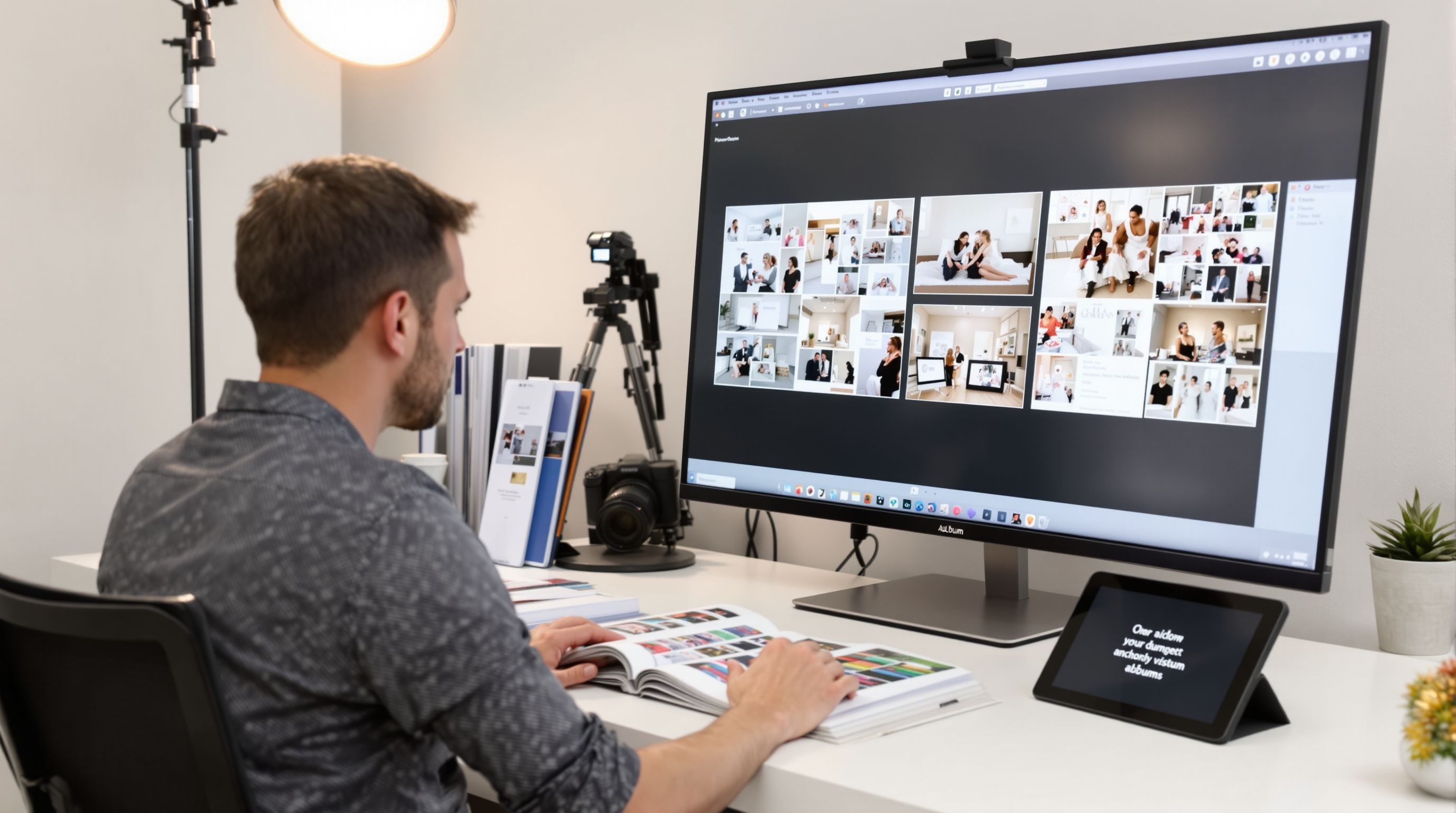 Professional photographer at modern desk reviewing photo album layout on monitor with printed album samples and client approval on tablet