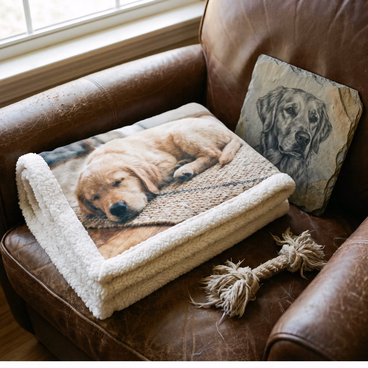 Sherpa blanket with a puppy photo and a slate tile with a dog portrait