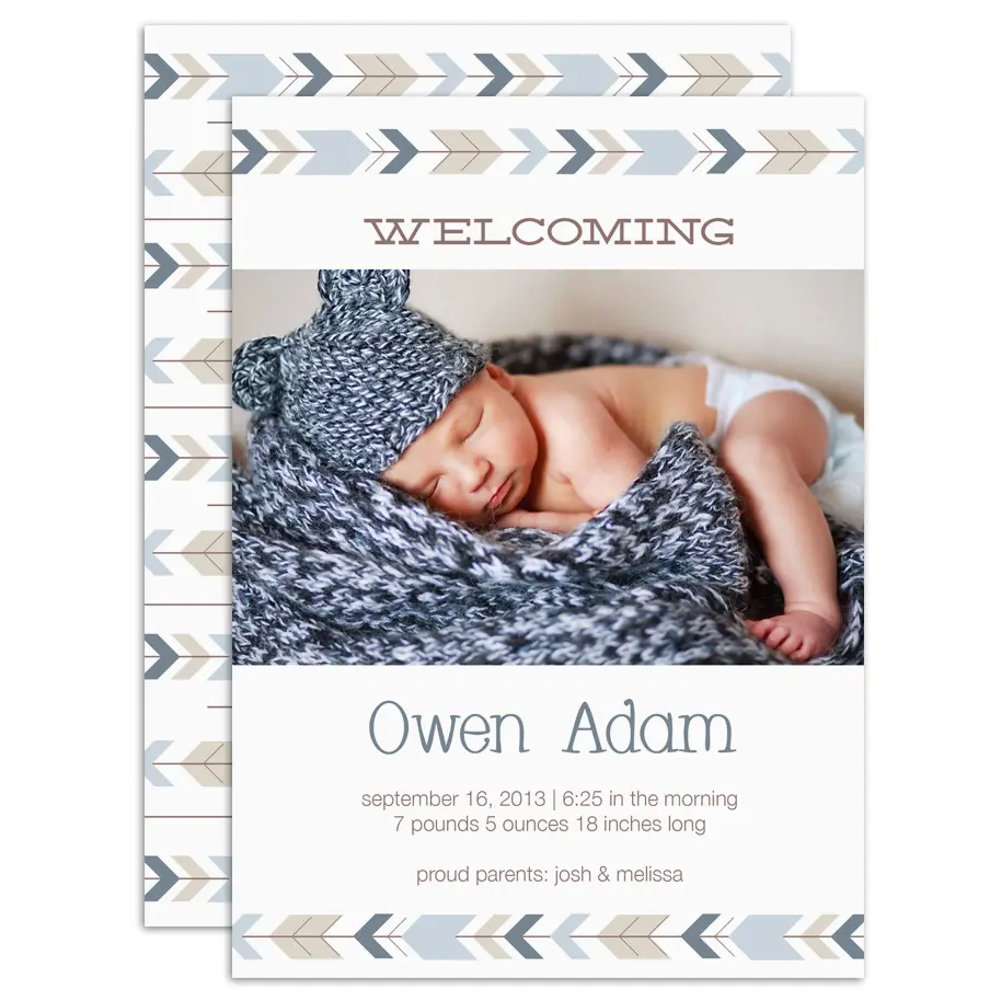 Baby announcement photo card with blue chevron design