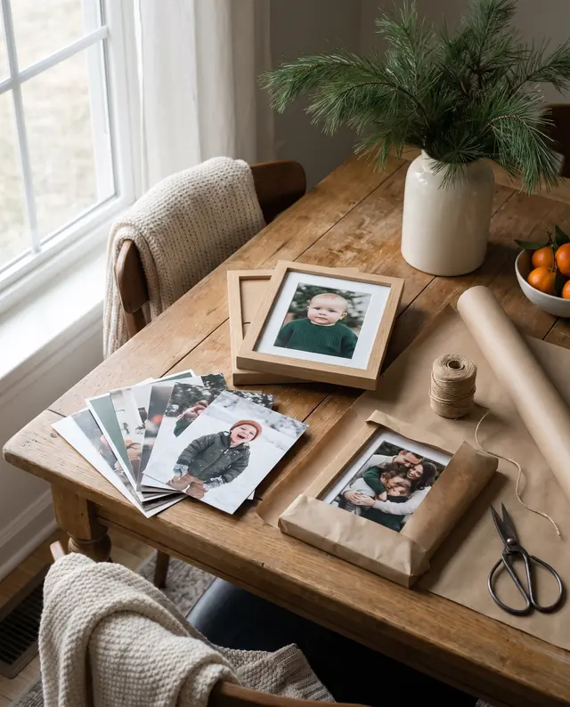 Photo prints and oak frames being wrapped as gifts