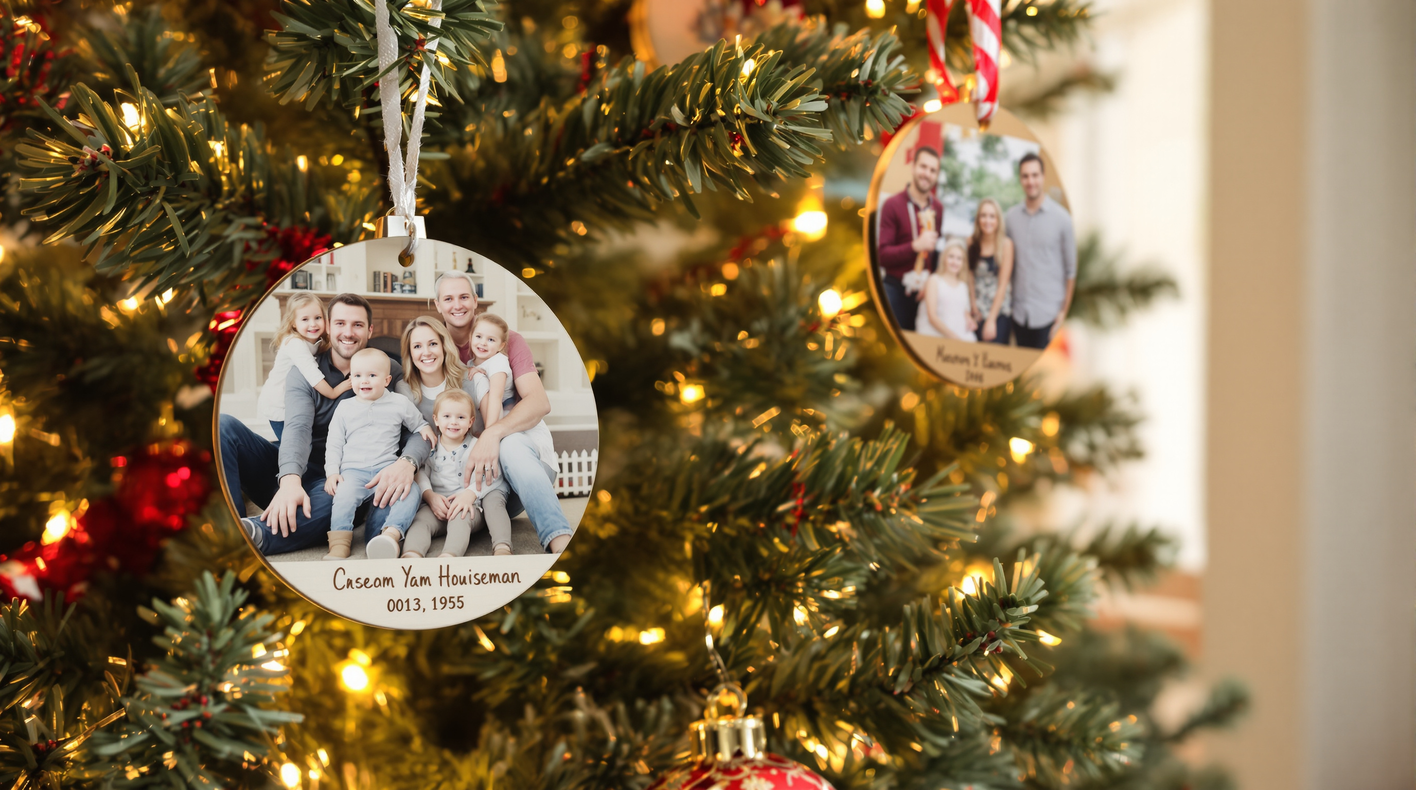 A beautifully decorated Christmas tree in a warm Louisville home, adorned with custom photo ornaments made of metal and wood, featuring family portraits and personalized engravings, soft golden holiday lighting, festive and sentimental atmosphere, photorea