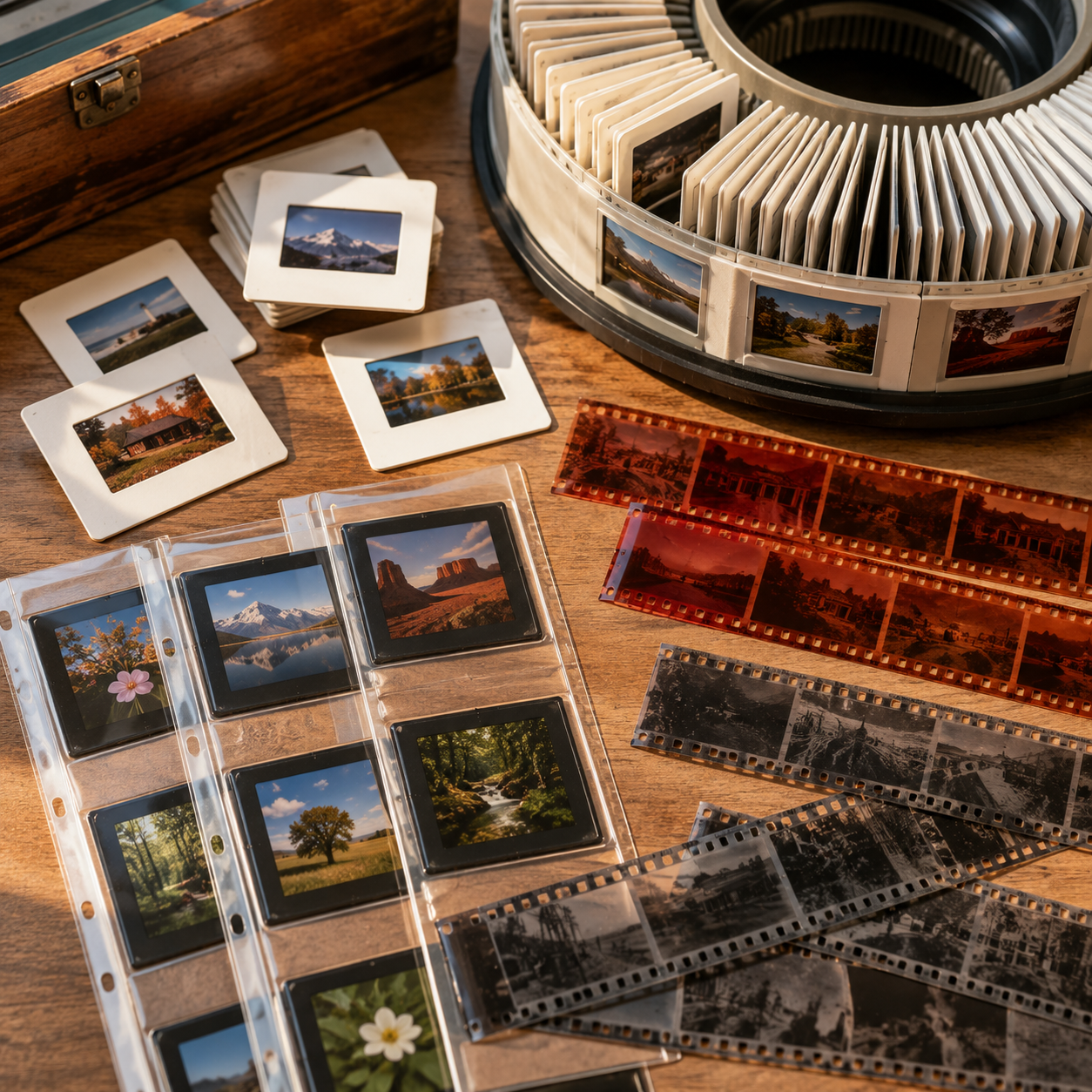 Vintage photographic slides and film negatives being prepared for professional scanning