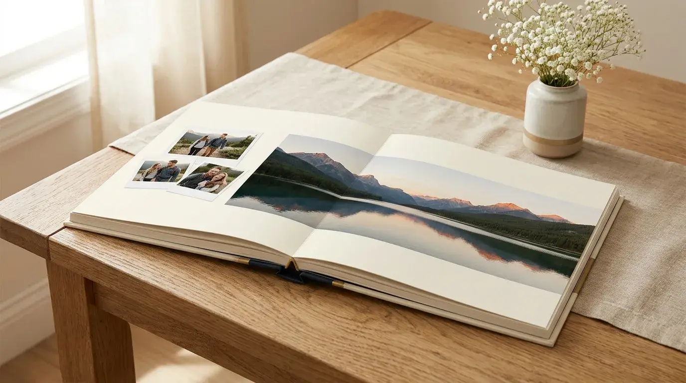 An open layflat photo book showing a panoramic mountain lake across both pages