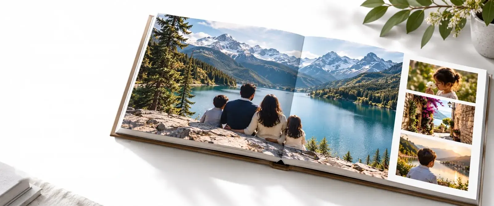 An open Nostalo layflat hardcover photo book showing a family looking out over a mountain lake across both pages, with three smaller photos on the right page