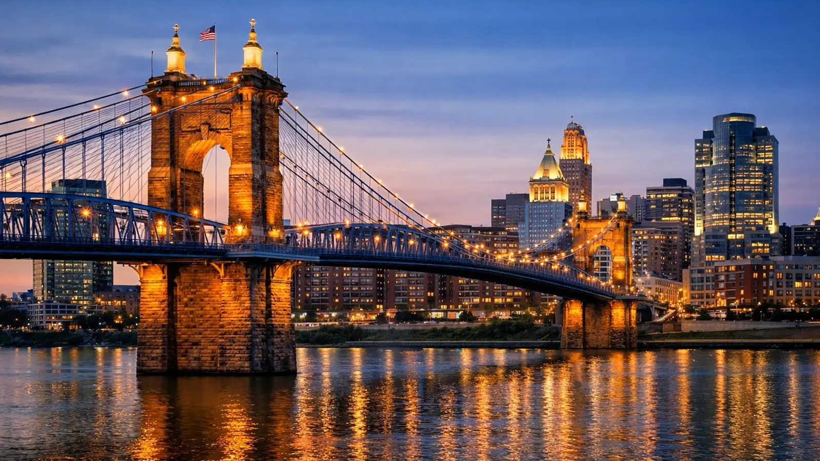 Roebling Suspension Bridge and the Covington, Kentucky riverfront