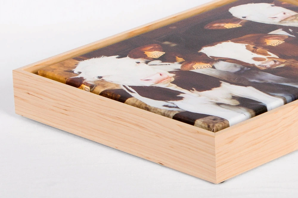A close-up of a framed canvas print featuring cows, set in a light maple wood float frame with a smooth finish