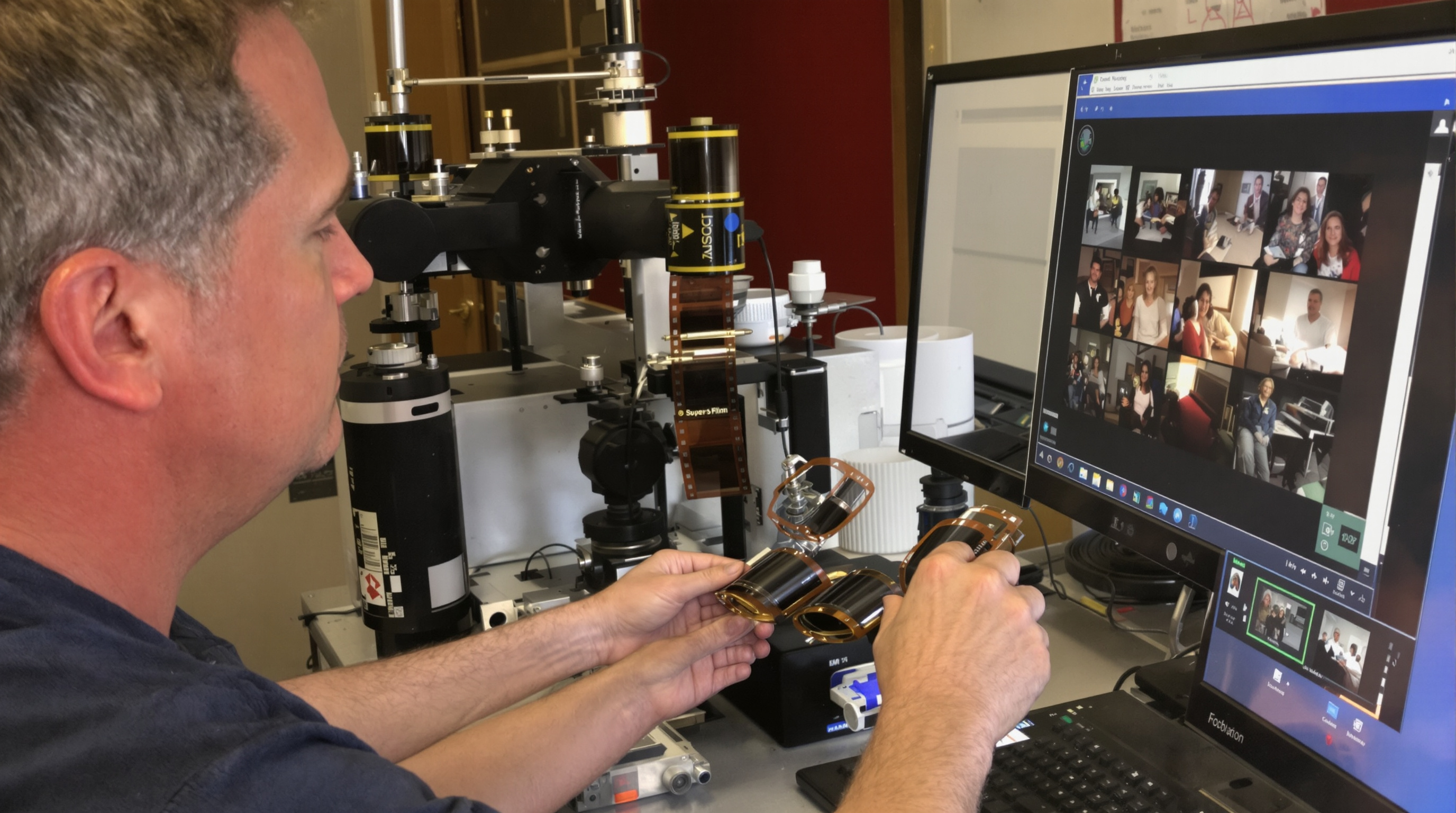 Professional film technician in Louisville carefully handling and digitizing vintage 8mm and Super 8 film reels using specialized scanning equipment, with old family movie frames visible on a monitor nearby, showing the transformation from physical film to