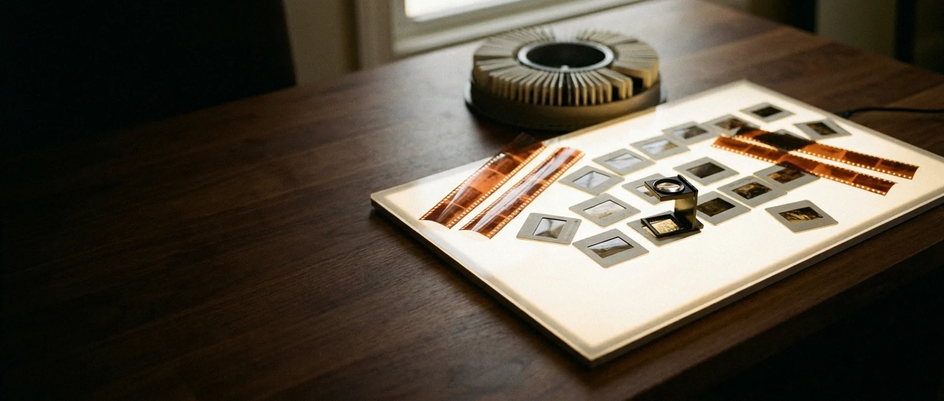 Mounted slides and strips of film negatives on a glowing light panel, with a magnifying loupe resting beside them.