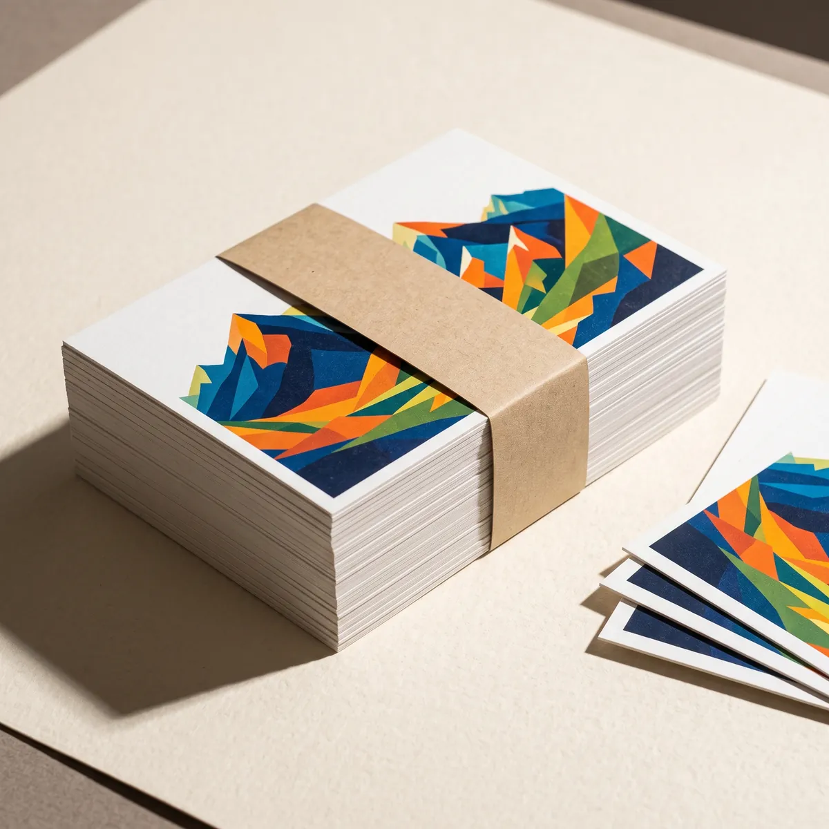 Stack of printed postcards wrapped in a paper band with loose cards fanned beside it.