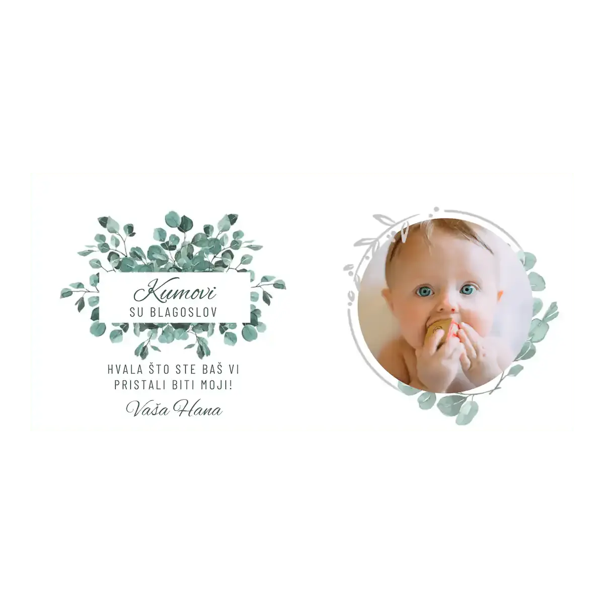 Šalica personalizirana sa fotografijom koja prikazuje tekst kao zahvalu za kumove i sa fotografijom djetete-kumčeta. NJežni floral motivi i čisti elegantan dizajn.