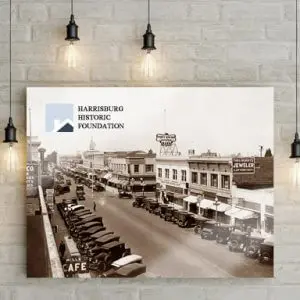 Large historical city photo printed as wall décor display in a business office