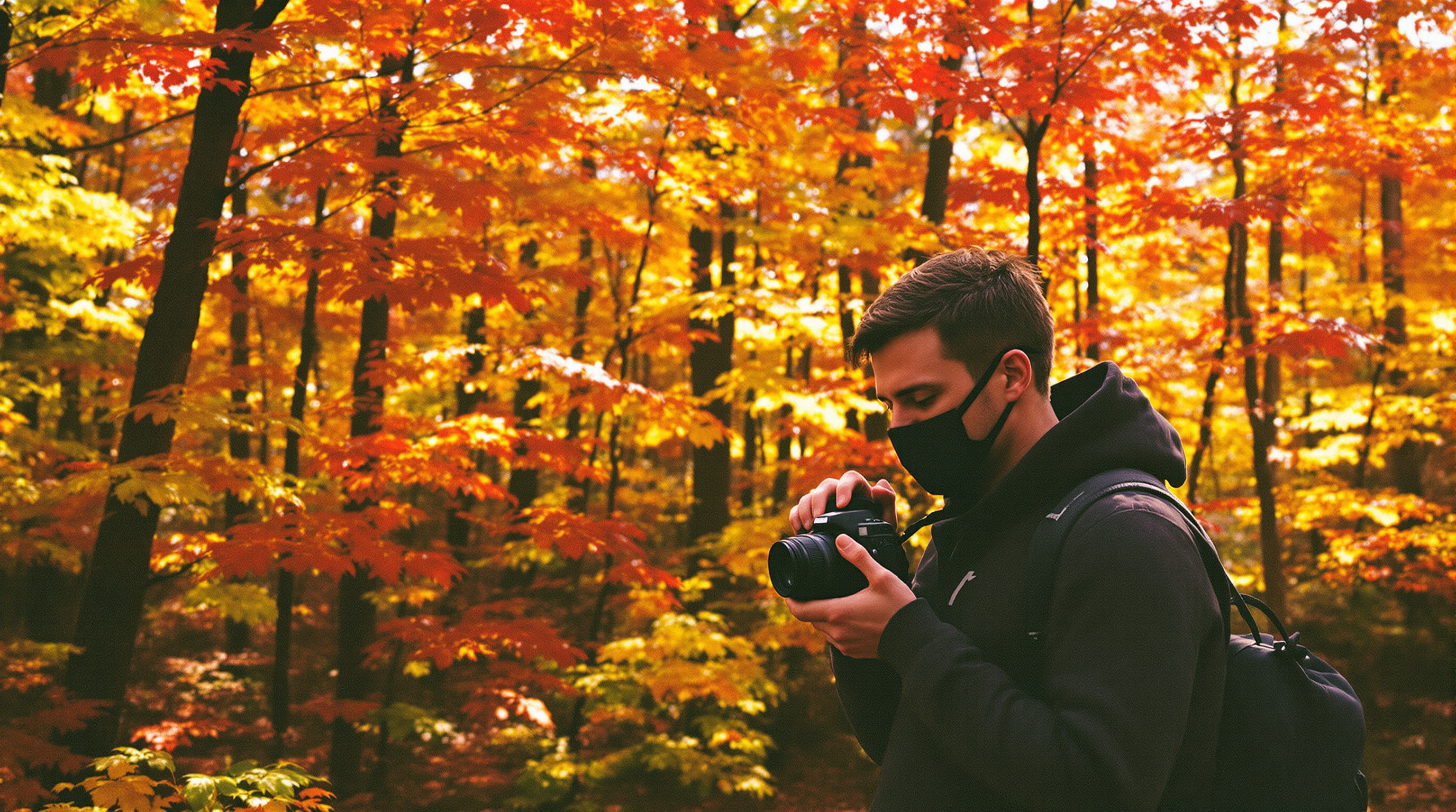 Film photographer with vintage 35mm camera in autumn forest in Louisville Kentucky surrounded by red orange and yellow foliage