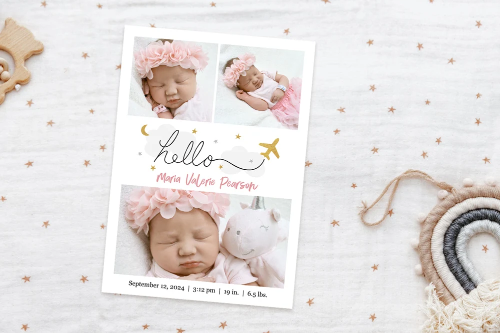 A baby announcement photo greeting card featuring three photos, with decorative text