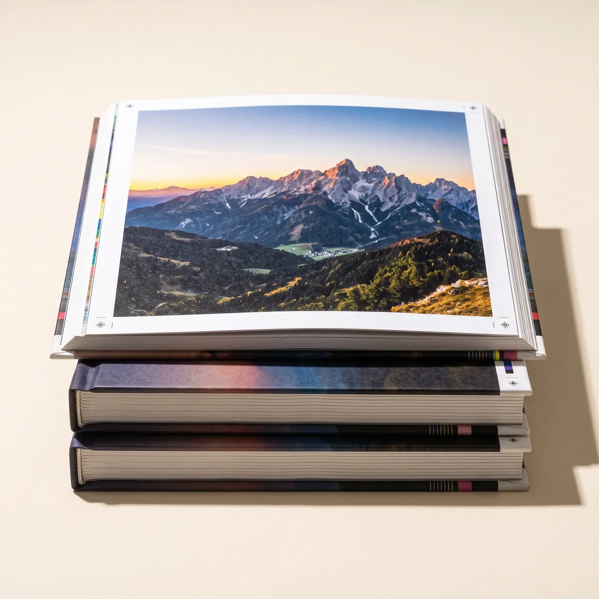 Stack of hardcover photo books with the top book open to a landscape spread.
