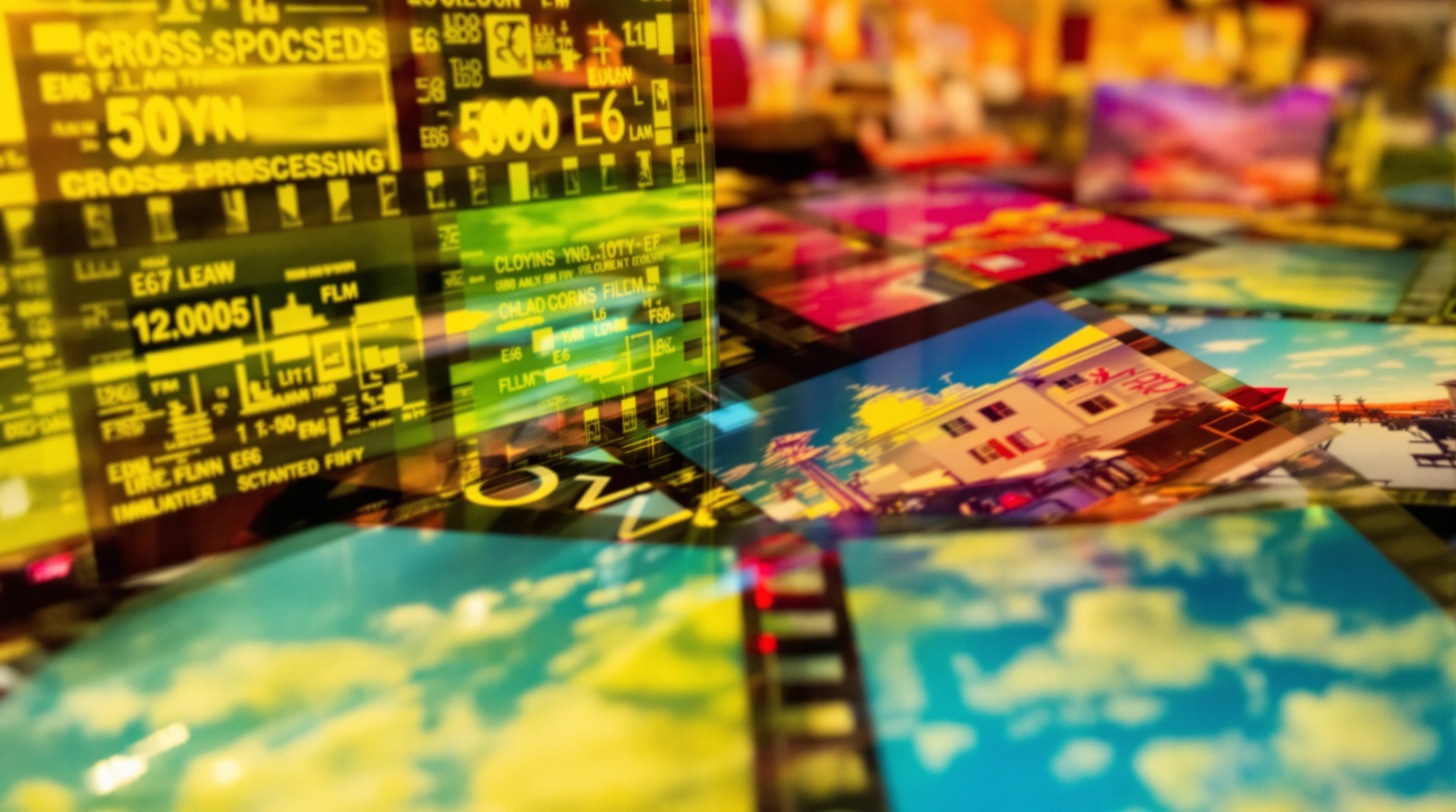 Close-up photograph of colorful cross-processed film strips showing dramatic yellow-green color shifts and high contrast. Several developed photos visible showing the signature saturated look of cross-processed E6 film with vibrant cyan skies and magenta h