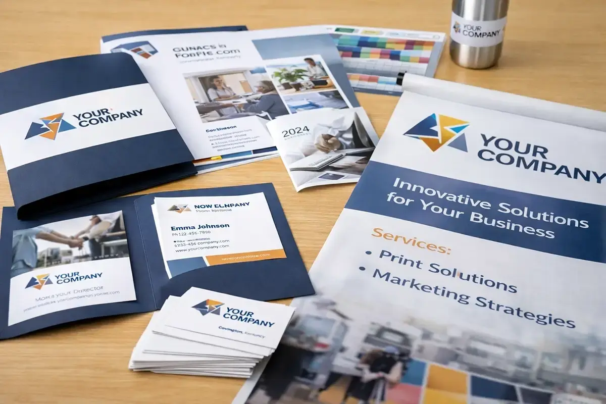 Business printing package with brochures, postcards, business cards, presentation folders, and signage samples