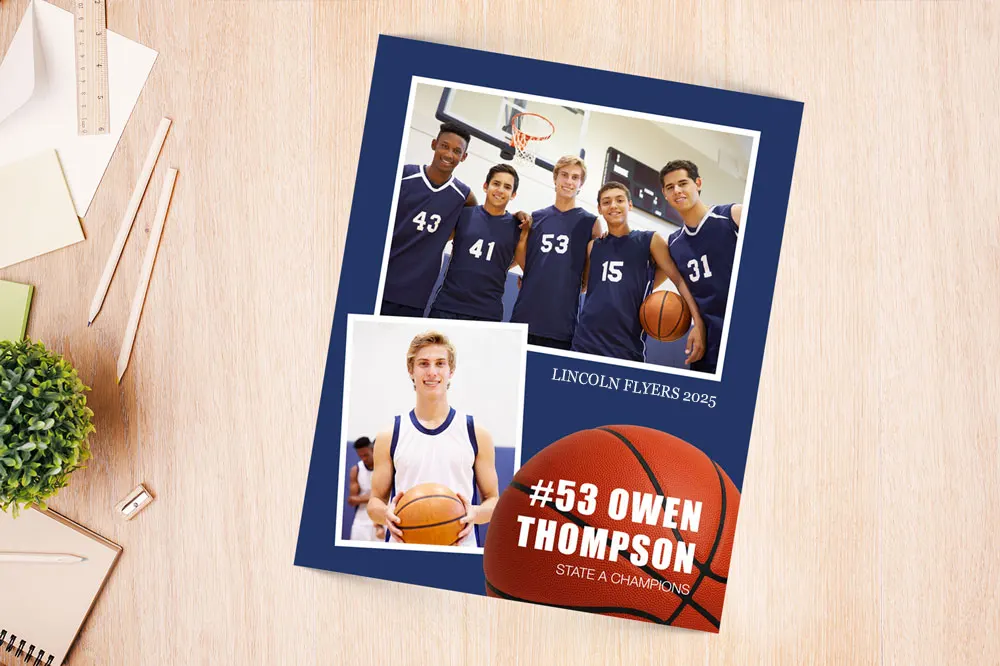 A custom memory mate photo print featuring a basketball team and a close-up of a player, personalized with the player's name and number