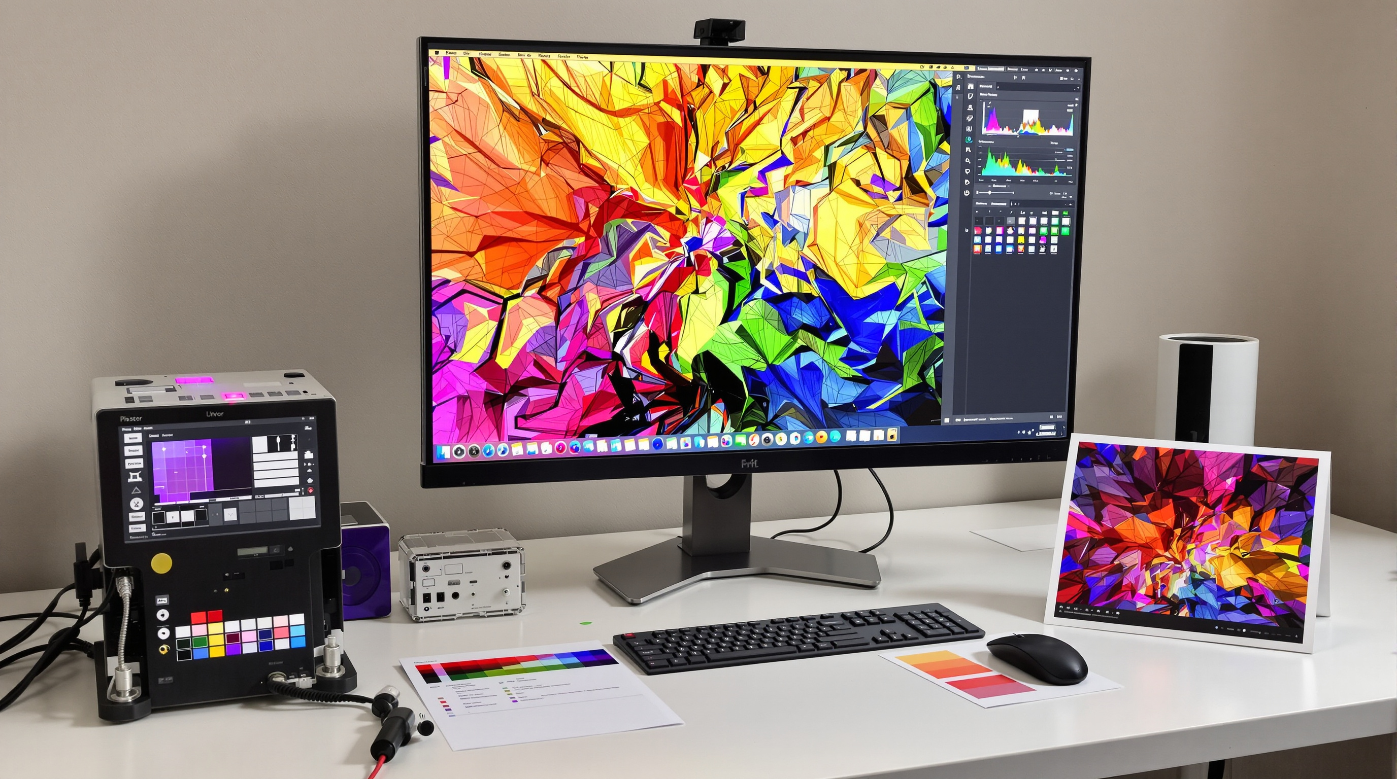 Professional photography color management workspace showing a high-end calibrated monitor displaying a colorful image with visible soft proofing panel, a hardware calibration device, printed color test charts, and a photo print next to the screen showing a