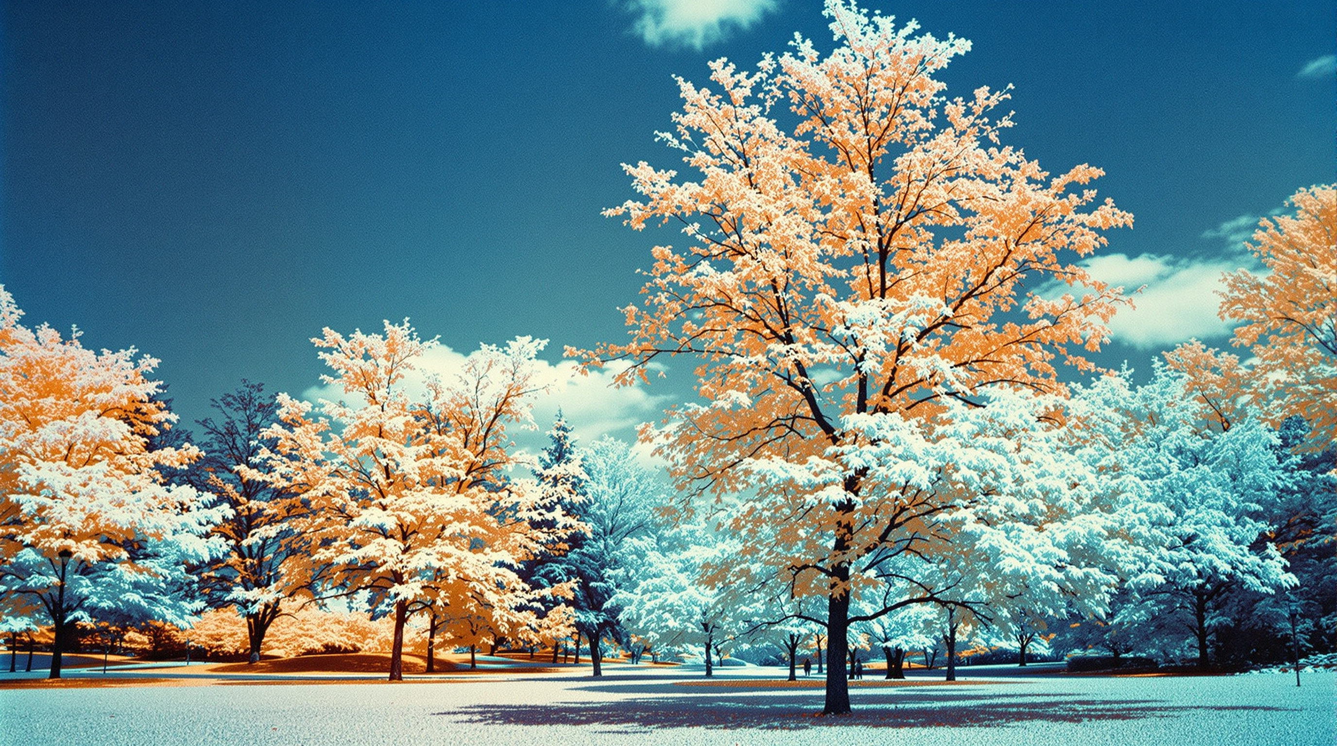 Lush Louisville Kentucky park with glowing white foliage and deep blue skies in infrared film photography