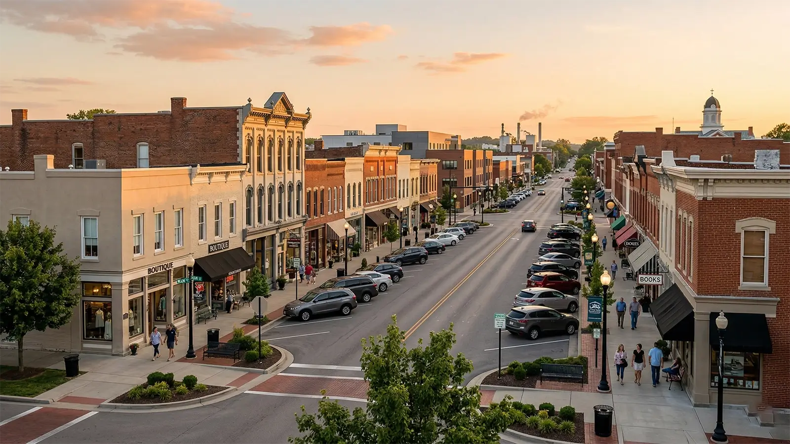 Downtown Georgetown, Kentucky street with a modern industrial and business setting in the background