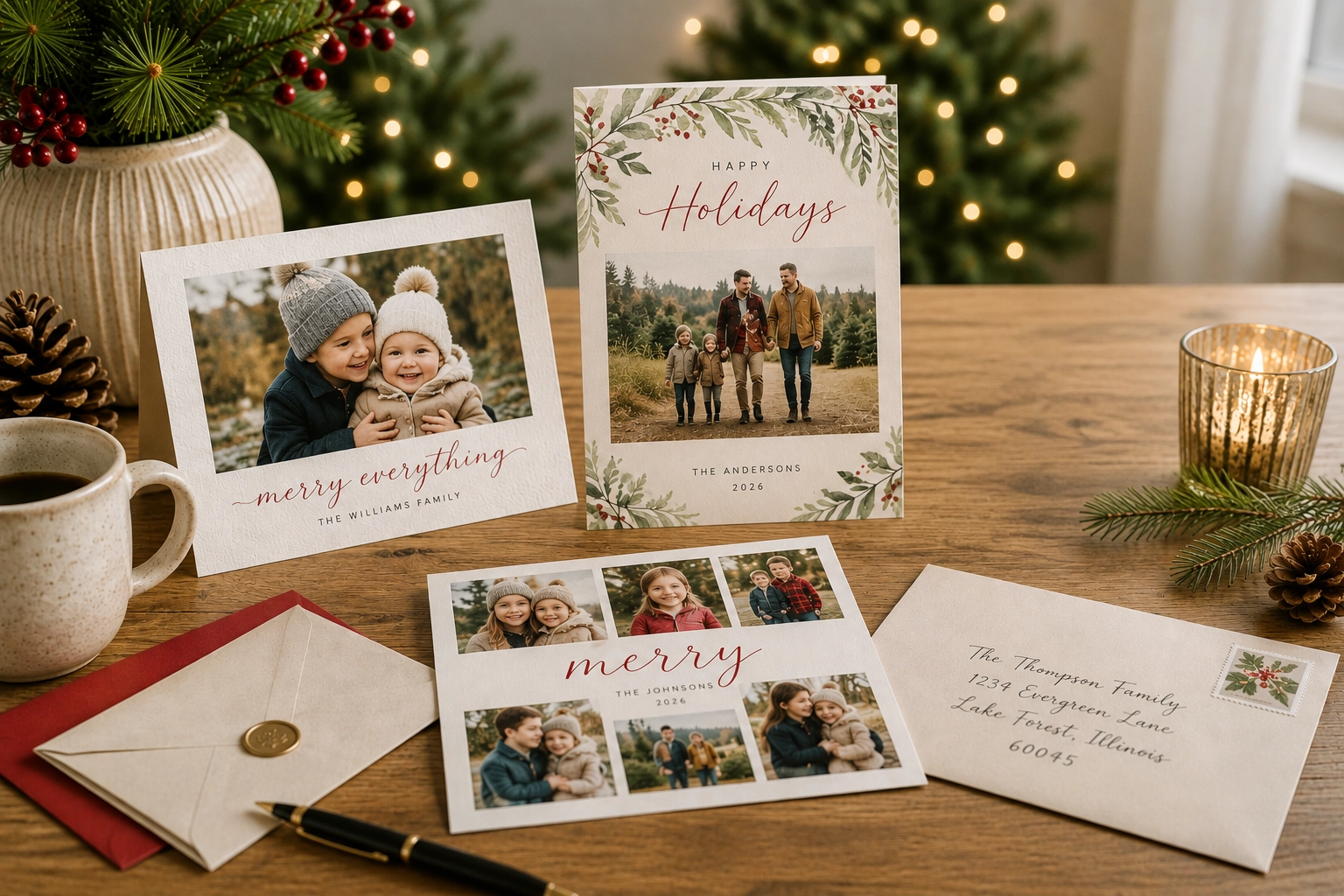 Personalized holiday photo cards and envelopes