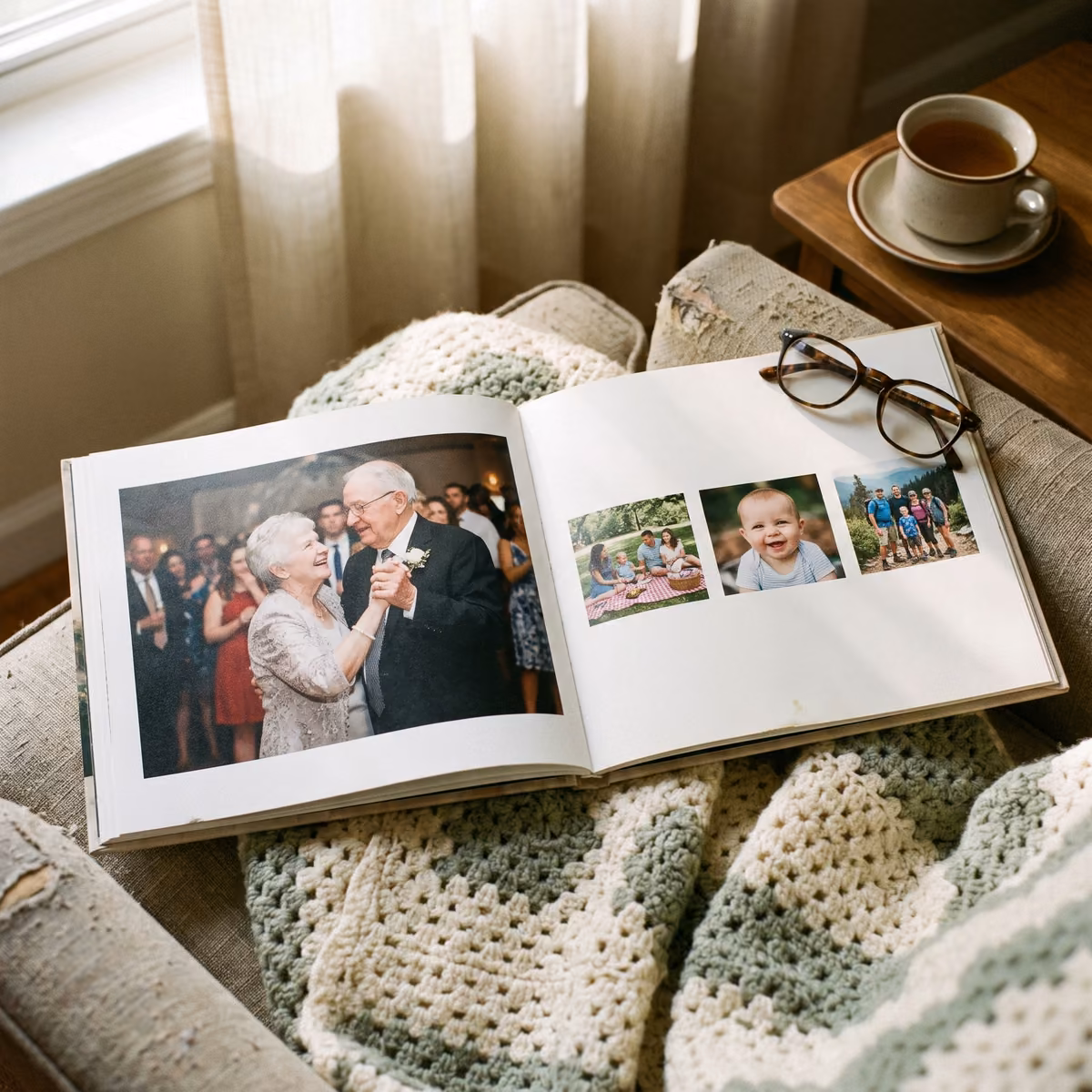 Open photo book with family wedding photos