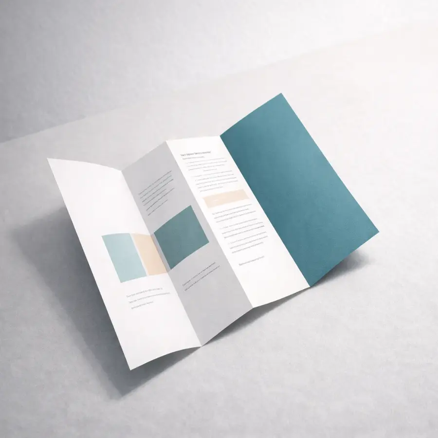 A tri-fold brochure open on a minimalist desk surface