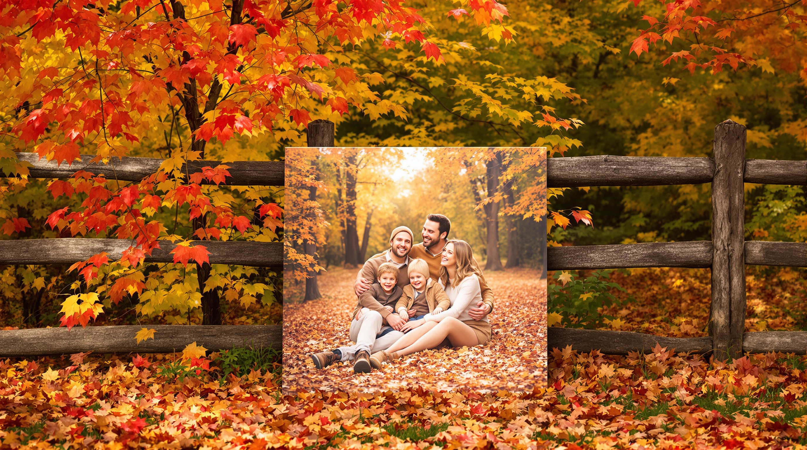 A warm and golden autumn afternoon in Louisville, Kentucky, with a happy family of four sitting among vibrant red, orange, and yellow fallen leaves in a scenic park. The parents and two children are laughing and embracing, dressed in cozy earth-tone outfit