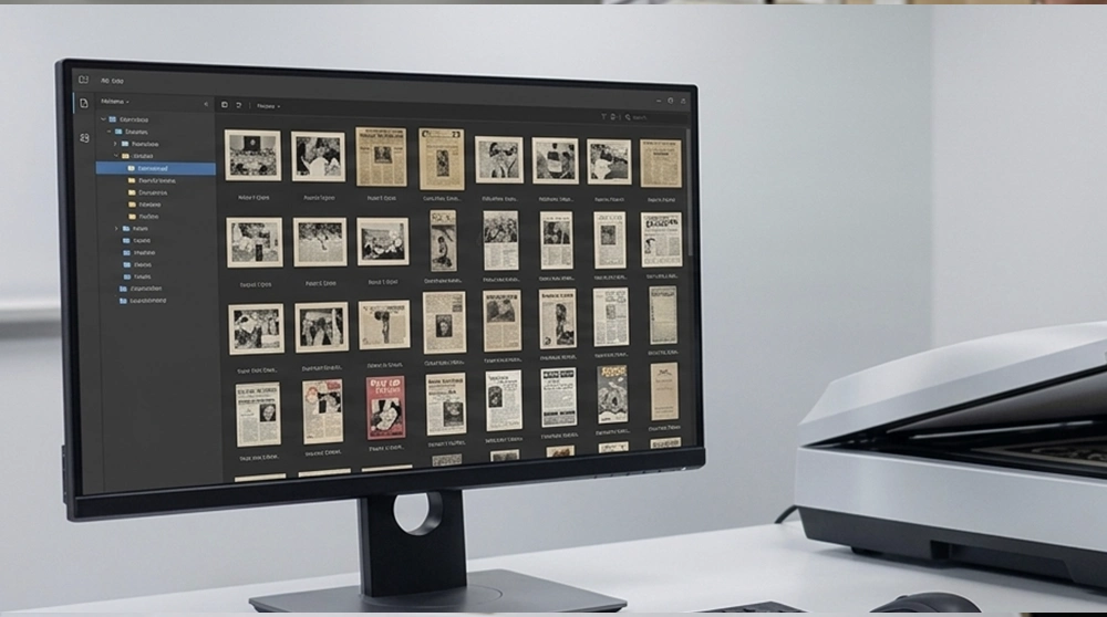 Hands scanning archival materials for secure long-term digital preservation