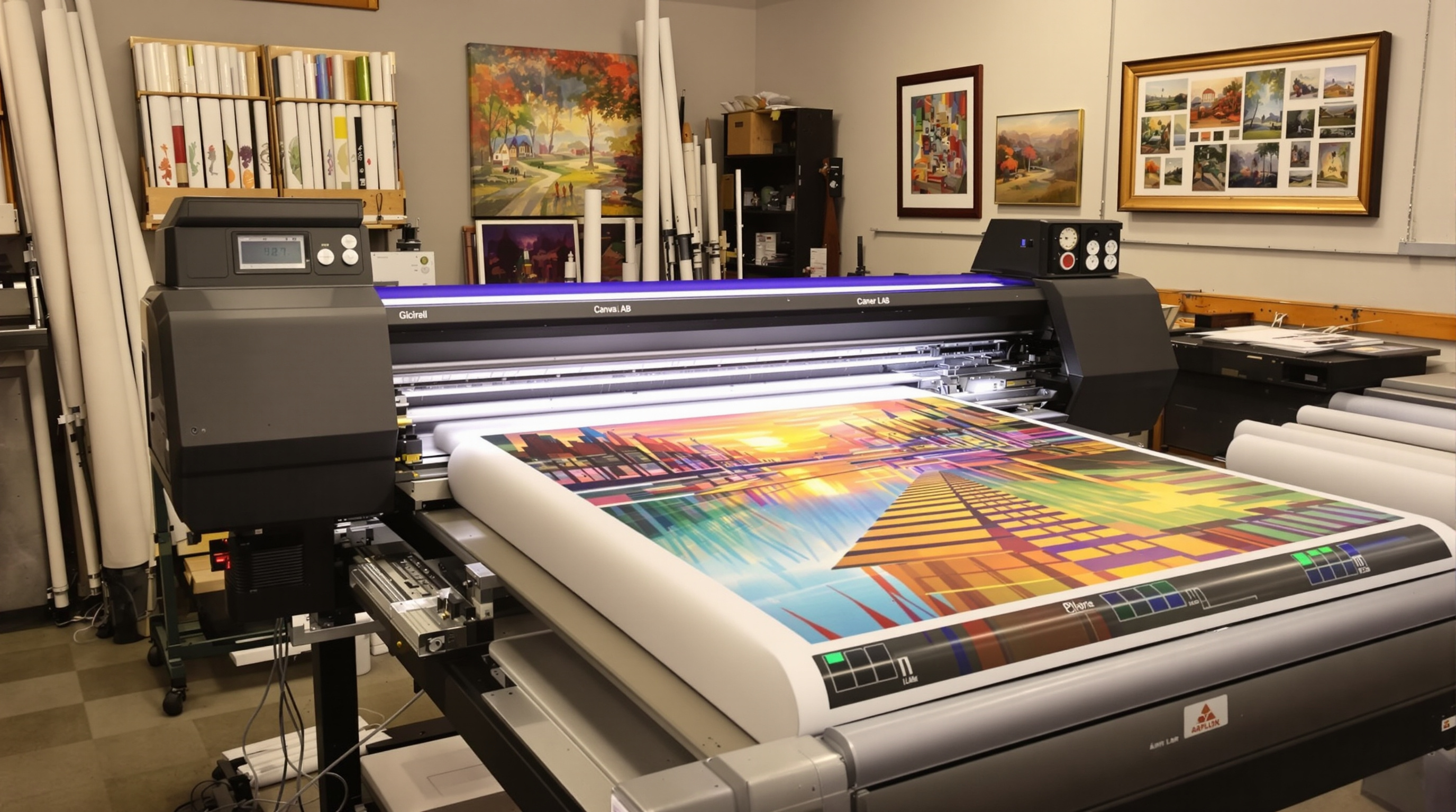 Fine art print lab in Louisville, Kentucky with large-format giclée printer producing canvas reproductions of oil paintings