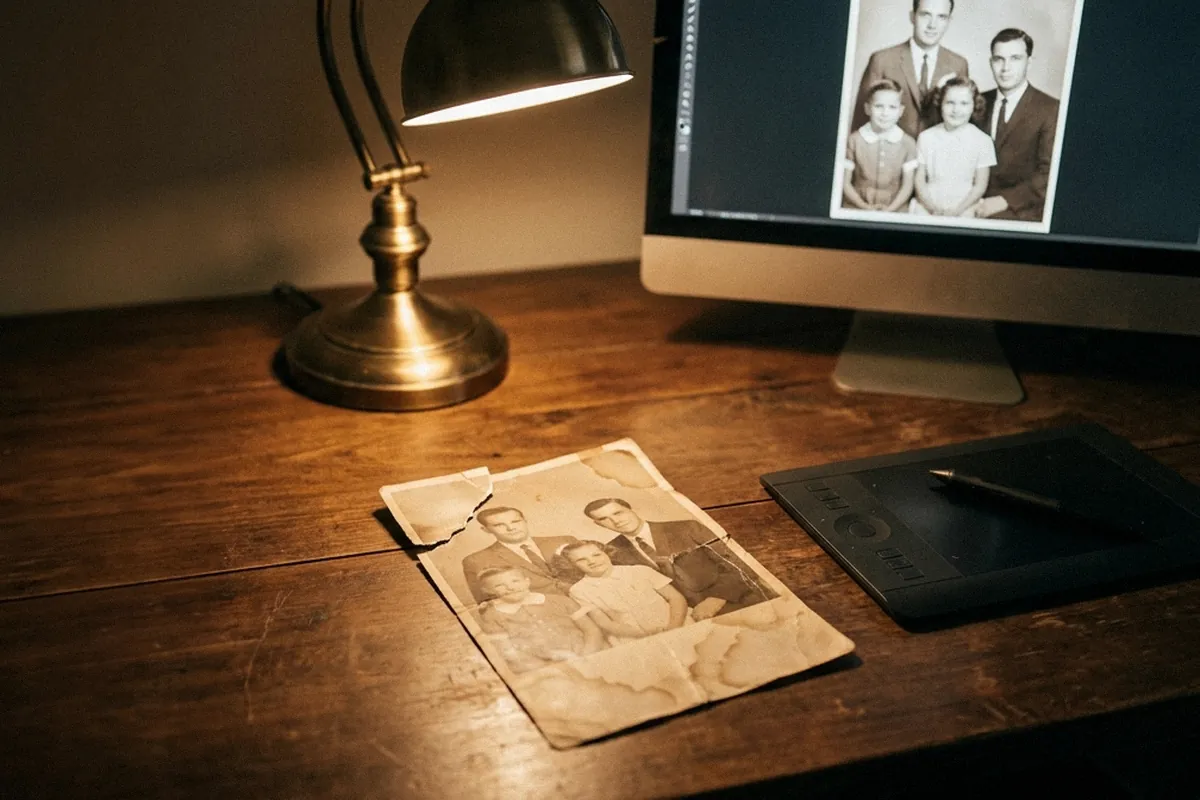 A torn and faded old photo print on a retouching desk, beside a pen tablet and stylus.