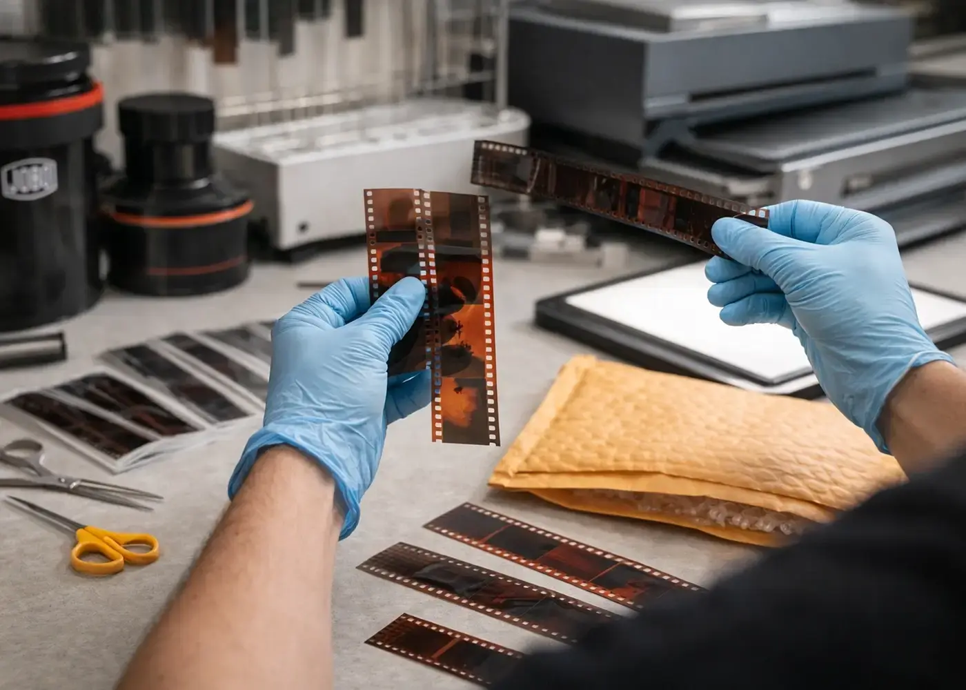 Professional film lab technician handling developed 35mm and medium format negatives.
