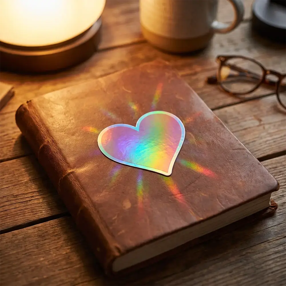 Holographic Die Cut sticker on a book