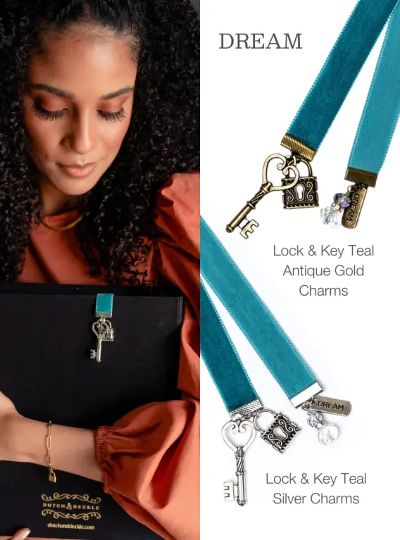 Dutch & Deckle Journal and Lock & Key Velvet Dream Bookmark in Antique Gold and Silver Charms
