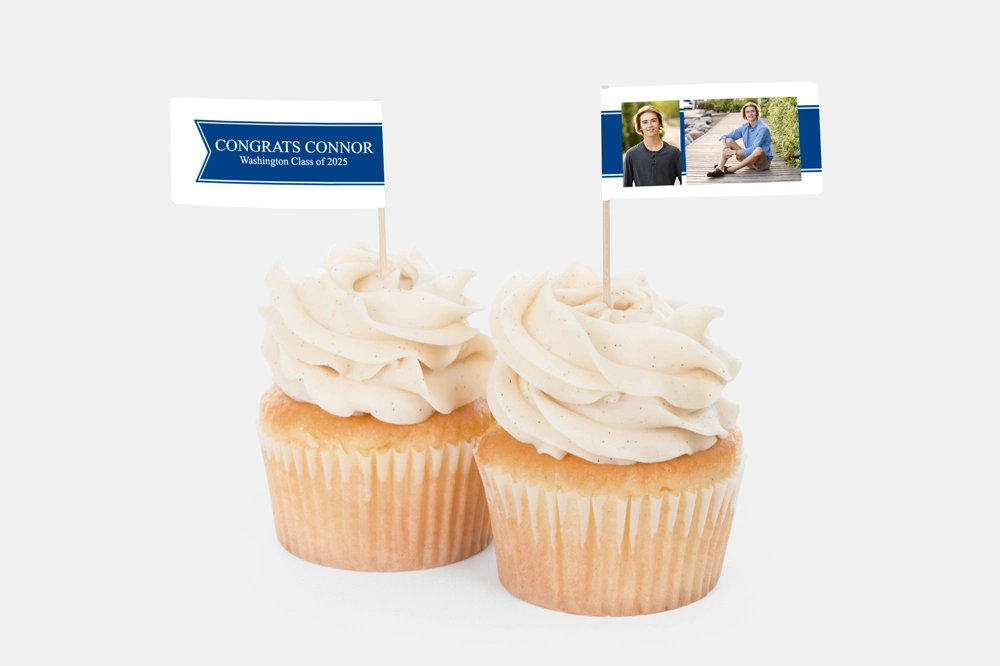 Custom printed cupcake flags for your event with your photos, text and color choice