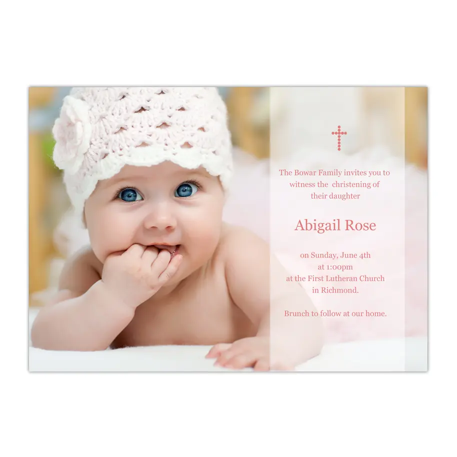 Baptism announcement photo card with pink design